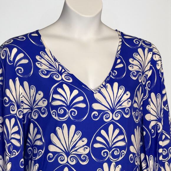 Aelia Anna Greek Print Kaftan Blue White Maxi Dress VNeck Resort Cruise One Size - Picture 3 of 9